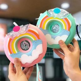 380ML Donut Shape Cup Kids Feeding Cup with Straws Lovely Donuts Shape Water Cups Cartoon Leakproof Outdoor Water Bottle 240417