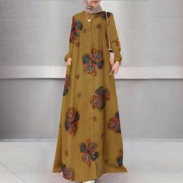 Casual Dresses Femme Dubai Abaya Islamic Clothing Muslim Floral Printed Maix Dress Women Hijab Long Sundress Spring Sleeve Ramadan Robe
