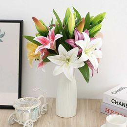 Decorative Flowers Wreaths Real Looking 3D Printing Lily Branch Artificial Flowers White Fake Flowers Flores for Wedding Home Garden Decoration