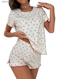 Women's Sleepwear Womens Pyjama set with cherry print pleated short sleeved top and elastic waist short sleeved two-piece casual wear WX