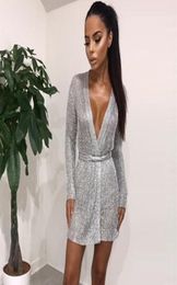 Metallic Knit Rose Gold Mini Dresses Women Sexy Nightclub Party V Neck Long Sleeve Cardigan Style Tie Wrap Dress Bigsweety Y2008242750554