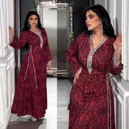 Ethnic Clothing Diamonds V-neck Dress Muslim Floral Printed Abaya Fashion Waist Rope Robe Casual Loose Gown Islamic Elegant Djellaba For
