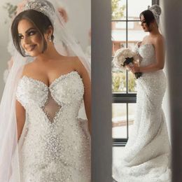 Sweetheart With Glamorous Wedding Tulle Mermaid Sleeveless Dresses A Large Number Of Pearls Hollow Backless Court Gown Custom Made Plus Size Vestidos De Novia