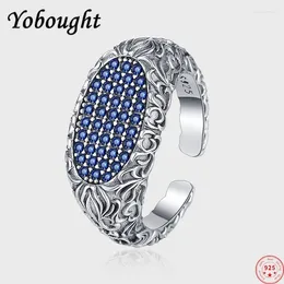 Cluster Rings S925 Sterling Silver For Women Fashion Relief Eternal Rattan Pattern Micro Inlaid Blue Zircon Jewellery