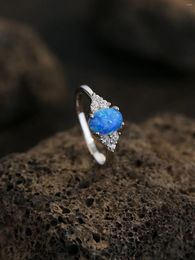 Cluster Rings 2024 Pure 925-Silver Women's Ring With Blue Oval Opal And Zircon Fashion Exquisite For Engagement Or Couples Daily Dating