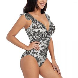 Women's Swimwear Women Vintage Toile Pattern One Piece Sexy Ruffle Swimsuit Summer Beach Wear Slimming Bathing Suit