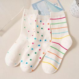 Women Socks Cotton Spring Autumn Female Polka Dot Striped Girls Gift White Sweet Style Simple Lovely Cute Kawaii Mid-tube