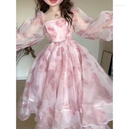 Party Dresses Women Summer V-Neck Lolita Dress Sweet Bow Lace-Up Fairy Elegant Vintage Girls Puff Sleeve Pink Midi Robe