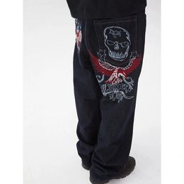 American Skull Embroidered Loose Casual Jeans Embroidered Baggy Jeans Denim Men Women Goth High Waist Wide Trousers Y2k Pants 240430