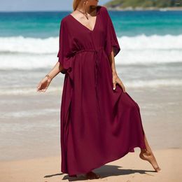 Women'S Beach Blouse Cotton Waist Drawstring Holiday Gown Bikini Sun Proof Shirt Dress Imprints Body Cover Up