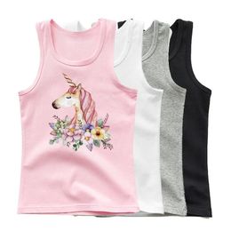 314years Girls Flower Unicorn Sleeveless Tshirt Kids Cartoon Singlet Children Cotton Tank Tops Summer Cute Undershirt 240416
