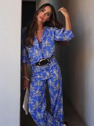Elegant Blue Print Long Pants Set Women Fashion Lapel V Neck Sleeve Shirt Female Two Pieces Sets Summer Ladies Suit 240429