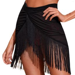 Stage Wear Women Solid Color Chiffon Wrap Skirt Tassel Sarong Hip Scarf Belly Dance Performance