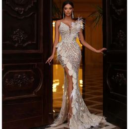 Sexy Mermaid Prom Sleeveless V Neck Appliques Sparkly Sequins 3D Lace Leaf Hollow Beaded Floor Length Side Slit Feather Evening Dresses Plus Size Custom Made 0431