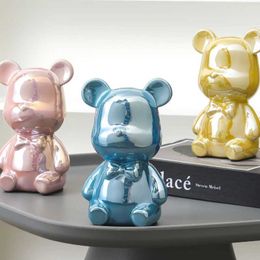 Decorative Objects Figurines Nordic Luxury Tie Violent Bear Figurines Ceramic Piggy Bank Cartoon Colorful Electroplating Bear Desktop Decoration Ornaments T240