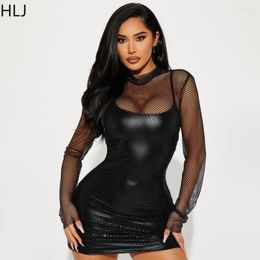 Casual Dresses HLJ Fashion Mesh Hollow Out Bodycon Suspenders Mini Women Round Neck Long Sleeve Smock Vestidos Sexy 2pcs Clothing 2024