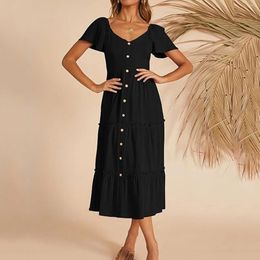 Casual Dresses V-Neck Vintage Pleated Long Dress Women Summer Short Sleeve Buttoned Tiered Ruffle Elegant Midi Boho Solid