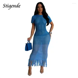 Casual Dresses Stigende Fringe Tassel Long Cover Up Dress Women Summer Beach Gradient Colour Knit Vacation