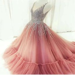 Design Crystal Bling Evening Puffy Dresses Prom Pink Gowns V Neck Ruched Tulle Custom Made Pageant Formal Party Dress