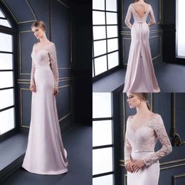 2020 Modest Elegant Mermaid Evening Jewel Long Sleeve Hollow Lace Applique Bow Sash Formal Dresses Sweep Train Party Gowns 0431