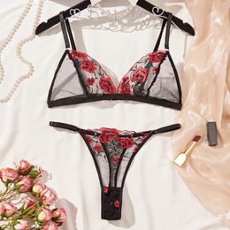 Bras Sets Floral Embroid Women Spaghetti Strap Underwear Set Backless Mesh Perspective Lace Ultra-Thin Sexy Bra