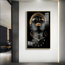 Clocks African Beauty Art Wall Clock Home Decor Silent Quartz Clock Aluminum Alloy Frame Fashion Christmas Gift Family 25X40cm