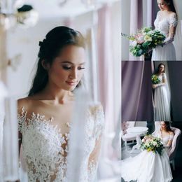Country Style Summer A Dress Line Chiffon Wedding Sheer Neck Long Sleeve Lace Appliqued Sequins Illusion Bridal Gowns ppliqued
