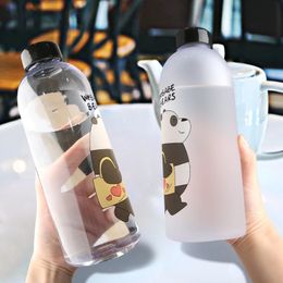 Water Bottles Cute Panda Bear Cup 1000ml With Straw Transparent Cartoon Bottle Drinkware Frosted Leakproof Protein Shaker 240420