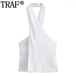 Women's Tanks 2024 Halter White Top Women Crossover Off Shoulder Crop Tops Woman Streetwear Backless Sexy Summer Sleeveless Blouse