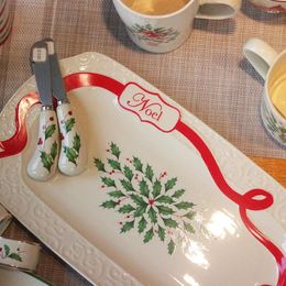 Plates Holiday Winter Leaf Green Red Berry American Ceramic Tableware Plate And Bowl Water Cup Dish