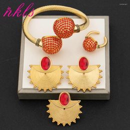 Necklace Earrings Set Dubai Gold Color And Ring For Women Luxury Red Stone Bead Bracelet Clip 2Pcs Jewelry Wedding Bridal