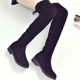 Boots Women Winter Black Over The Knee 2024 Comfort Lace Up Chunky High Heels Shoes Fashion Warm Suede Round Toe