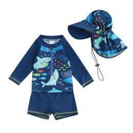 Swimwear Toddler Baby Boys Summer Swimsuit Set Fish Print Long Sleeve Tops Elastic Waist Swim Trunks Hat Kids 3Pcs Bathing Suit