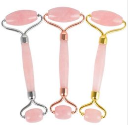 Natural Tumbled Chakra Rose Quartz Carved Reiki Crystal Healing Gua Sha Beauty Roller Facial Massor Stick with Alloy GoldPlated8331204