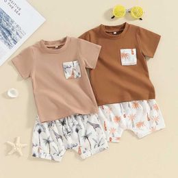 Clothing Sets Fashion Summer Kids Boys Clothes Solid Patchwork Pocket Short Sleeve T-shirts Animal Print Shorts Casual Tracksuits Outfits H240507