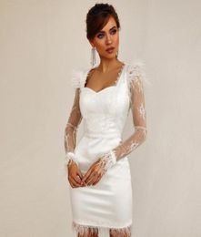 2020 New Autumn Women Long Sleeve Lace Bandage Dress Sexy Feathers Mini White Club Celebrity Runway Party Dresses Vestidos5509154