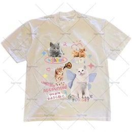 Men's T-Shirts Summer Harajuku Retro Versatile T-shirt Trendy Brand Cat Print Extra Large Short Sleeve Mens Y2k Street Loose Casual Top WomensL2405