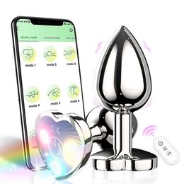 Vibrating Remote Heart-Shaped App Control Man and Woman Metal Anal Plug Adult Luminous Electric Anal Dildo Couple Intimate Toys 240506