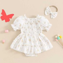 Rompers Summer Baby Girls Dress Toddler Clothing Short Sleeve Print Jumpsuit Headband Newborn Clothes H240507
