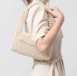 Women Shoulder Bags Beach Wood Bead Woven Bag Handmade Wooden Beads Handbags Hollow Out Tote Bags Commuter Clutch Purses Bucket Bag For Girls Party Cluth Bags