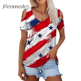 Women's T Shirts Independence Day Tee Shirt For Ladies Off-Shoulder 2024 Casual Printed Tops Summer Fashion V-Neck Short Sleeve Top