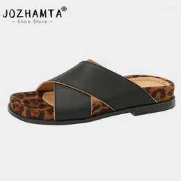 Casual Shoes JOZHAMTA Size 34-40 Women Leopard Slippers Sandals Real Leather Platform Mid Thick Heels Summer 2024 Daily Slides