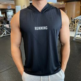 T-Shirts Men Running Vest hooed New Summer Gym Workout Sleeveless Shirt Ice silk Fitness Bodybuilding Tank Tops elastic Training hood Top