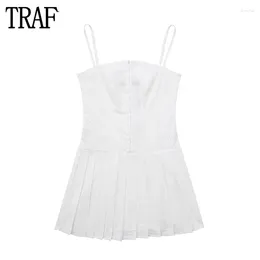 Casual Dresses Embroidery Slip Dress Woman White Pleated Mini Women Summer Backless For Thin Straps Beach Female