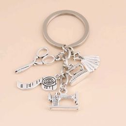 Keychains Lanyards New Sewing Machine Keychain Tailor Key Ring Iron Tape Measure Scissors Dress Key Chain Womens Gift DIY Jewellery Handmade