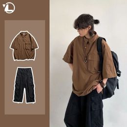 Summer Japanese Mens Set Harajuku Mid Sleeved Trendy Shirt Wide-leg Cargo Pants 2-pcs Thin Casual College Male Suit 240424