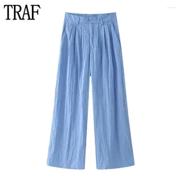 Women's Pants Pleated Wide Women 2024 Summer Baggy Woman Blue High Waist Trousers Streetwear Holiday Ladies