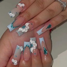 False Nails 24Pcs Blue Flower False Nails Simple with Rhinestones French Design Wearable Fake Nails Full Cover Press on Nails Tips Art T240507