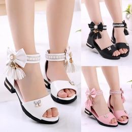 Kids Bow Sandals Children Girls Summer Cute Beach Princess Fashion High Heels Tassel School Shoes 240415