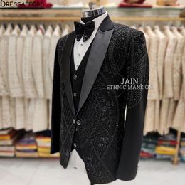 Man Dark Fashion Wedding Suits Men Slim Fit Groom Tuxedos For Best Man 3 Pieces Jacket Pants (Jacket+Pants + Vest )